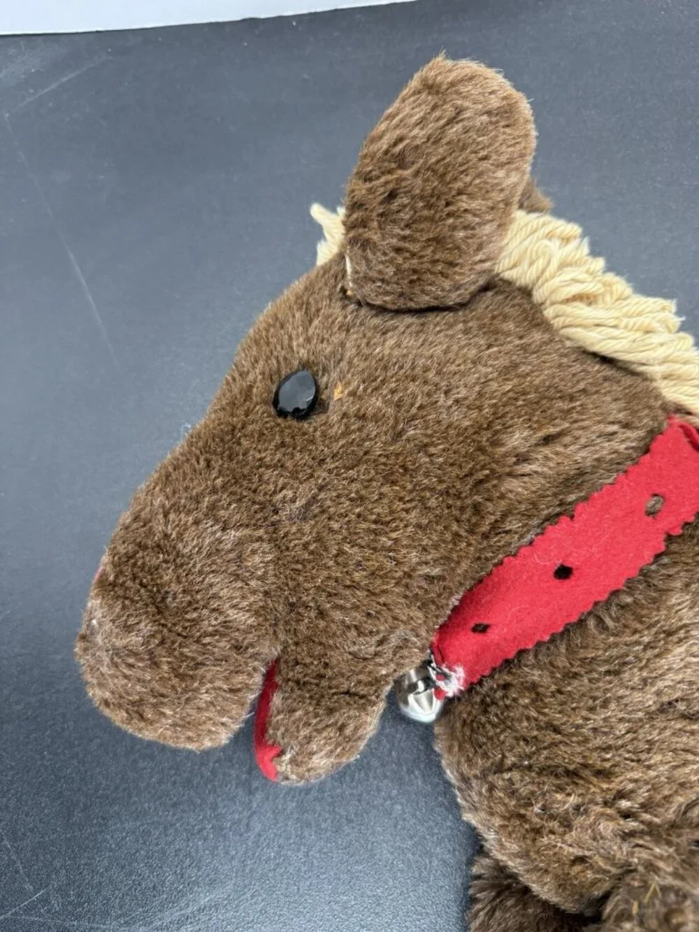 Vintage Handmade 18” Plush Stuffed Animal Horse With Red Bow Jingle Bell